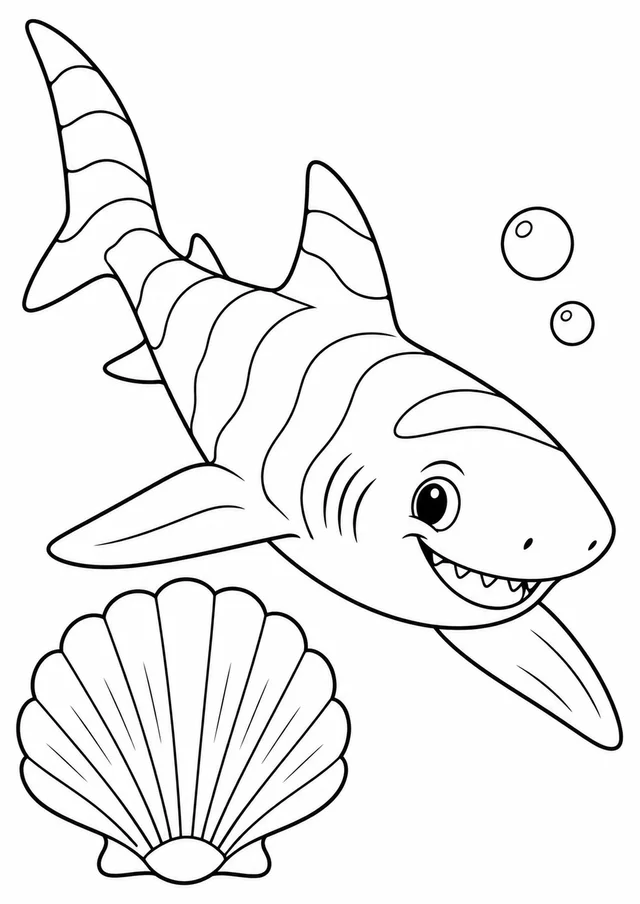 Tubarão-zebra e concha grande para colorir
