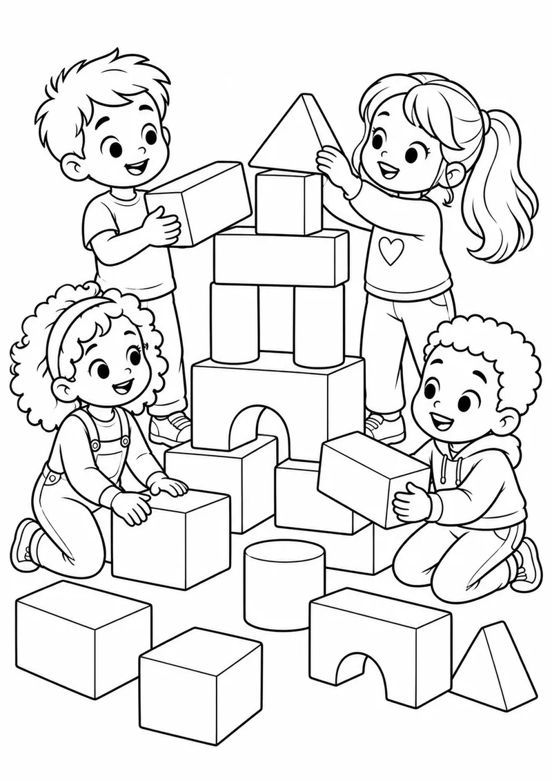 Turma brincando com blocos gigantes para colorir