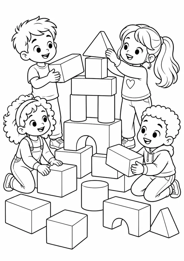 Turma brincando com blocos gigantes para colorir