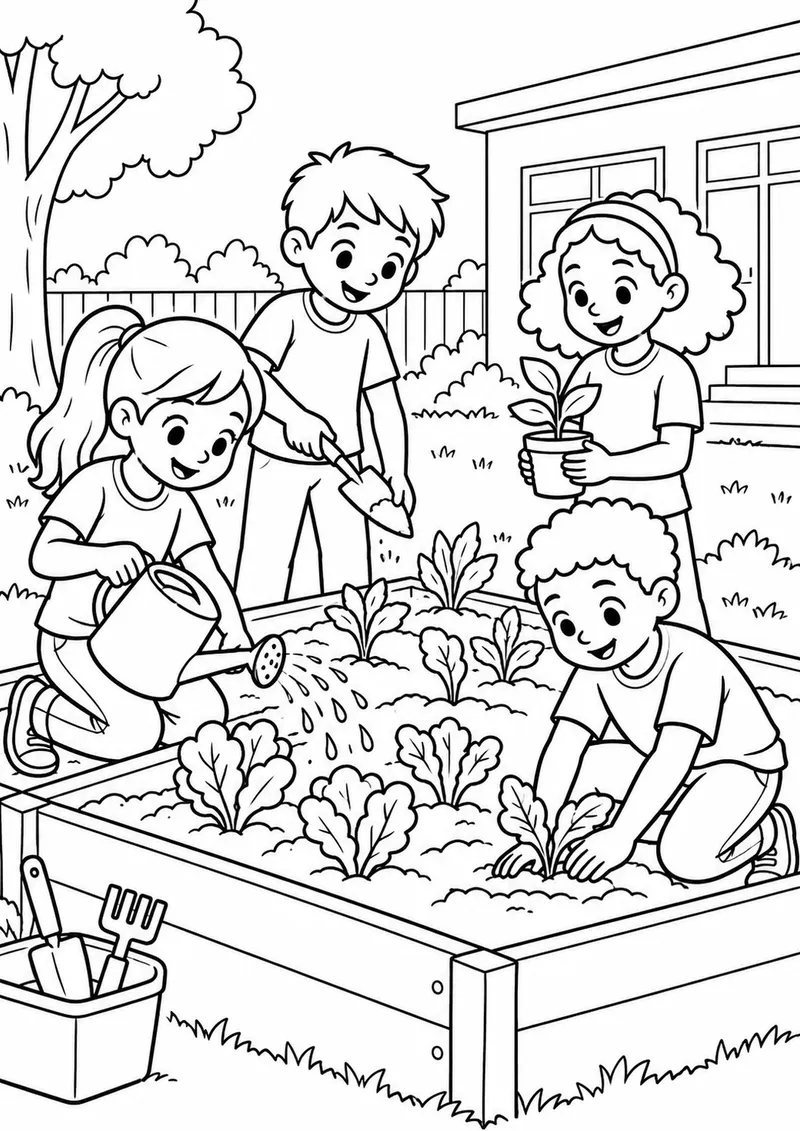 Turma cuidando da horta escolar para colorir