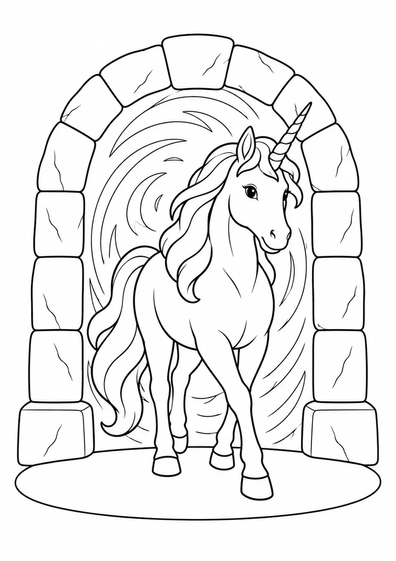 Unicórnio atravessando um portal de pedra para colorir