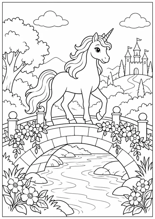 Unicórnio atravessando uma ponte florida para colorir