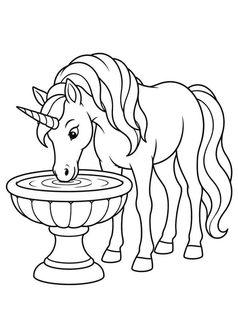 Unicórnio bebendo numa fonte para colorir
