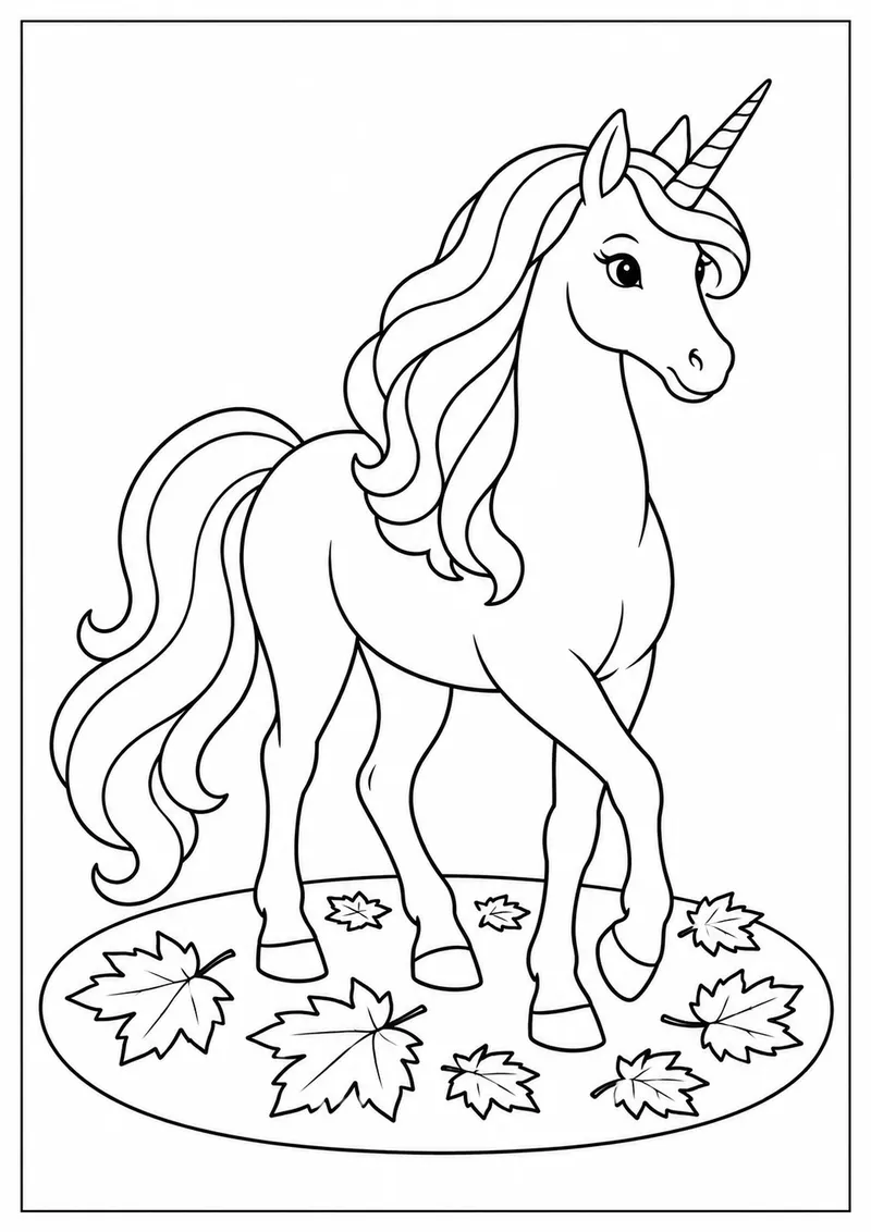 Unicórnio caminhando sobre folhas de outono para colorir