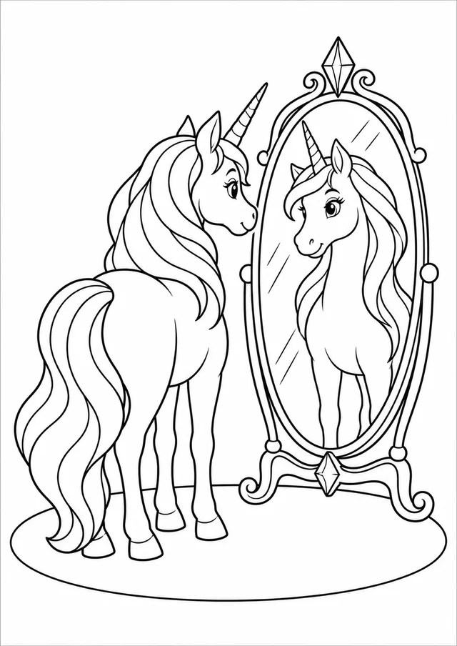 Unicórnio diante de um espelho mágico para colorir