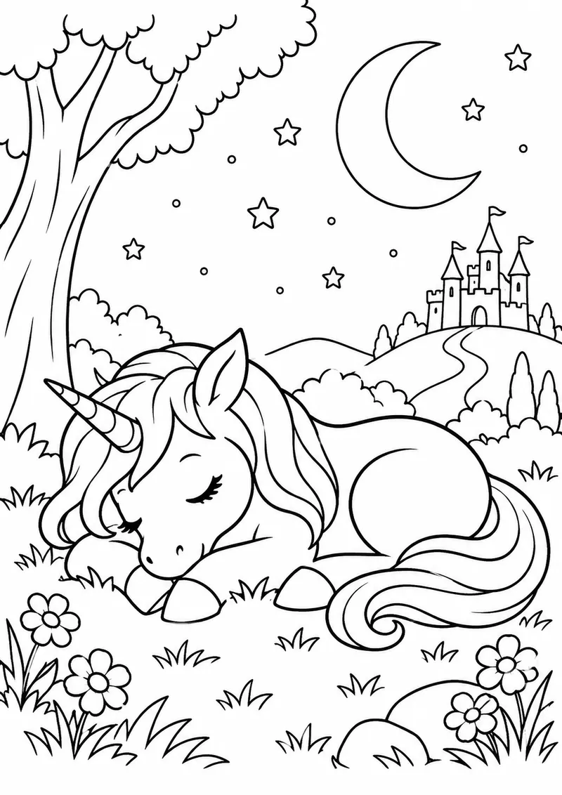 Unicórnio dormindo sob uma lua crescente para colorir