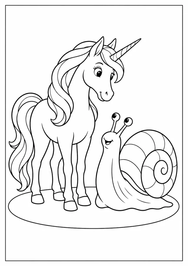 Unicórnio e caracol gigante para colorir