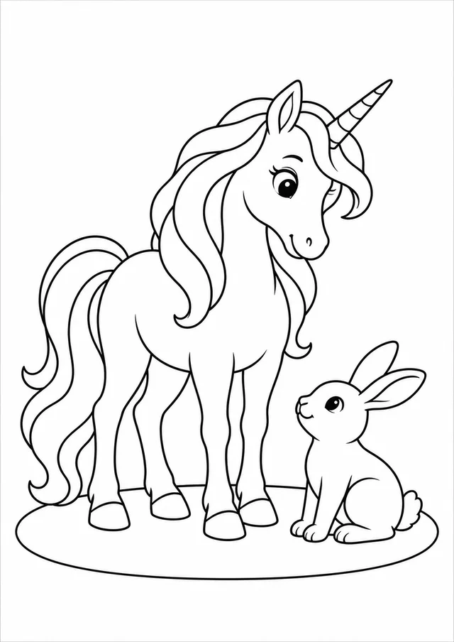 Unicórnio e coelho na clareira para colorir
