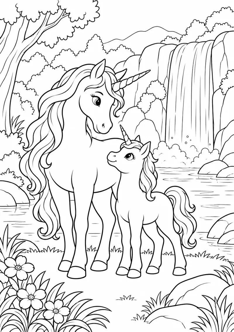 Unicórnio e filhote junto à cachoeira para colorir