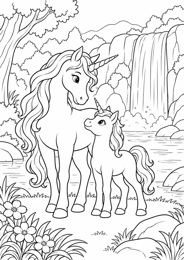 Unicórnio e filhote junto à cachoeira para colorir