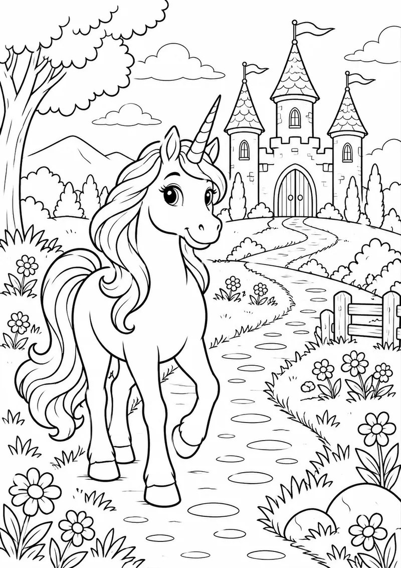 Unicórnio e o castelo para colorir