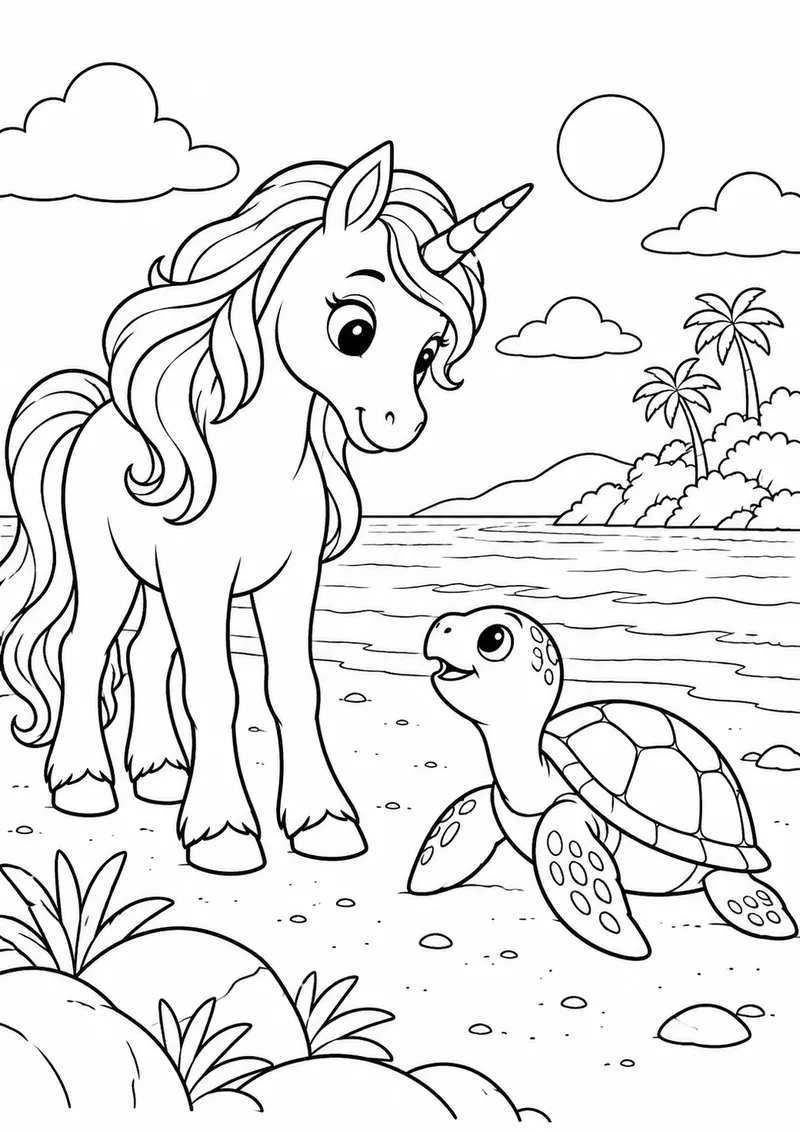 Unicórnio encontrando uma tartaruga para colorir