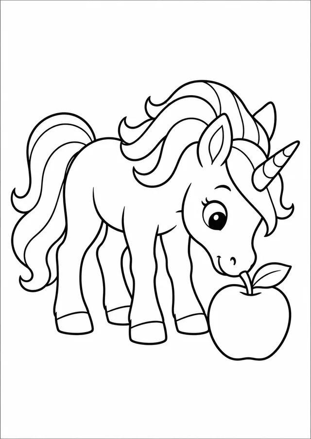 Unicórnio filhote cheirando uma maçã para colorir