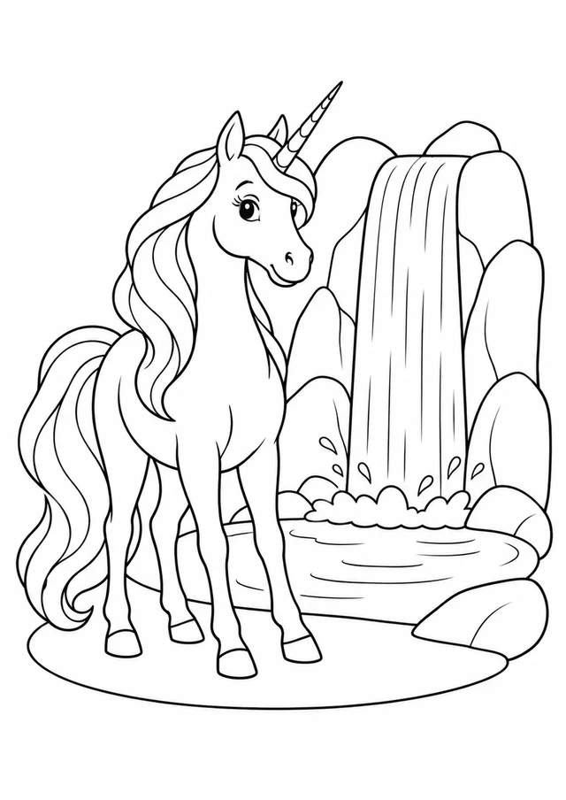 Unicórnio junto a uma cachoeira para colorir