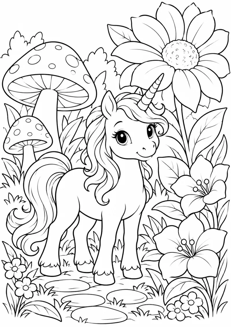 Unicórnio no jardim mágico para colorir