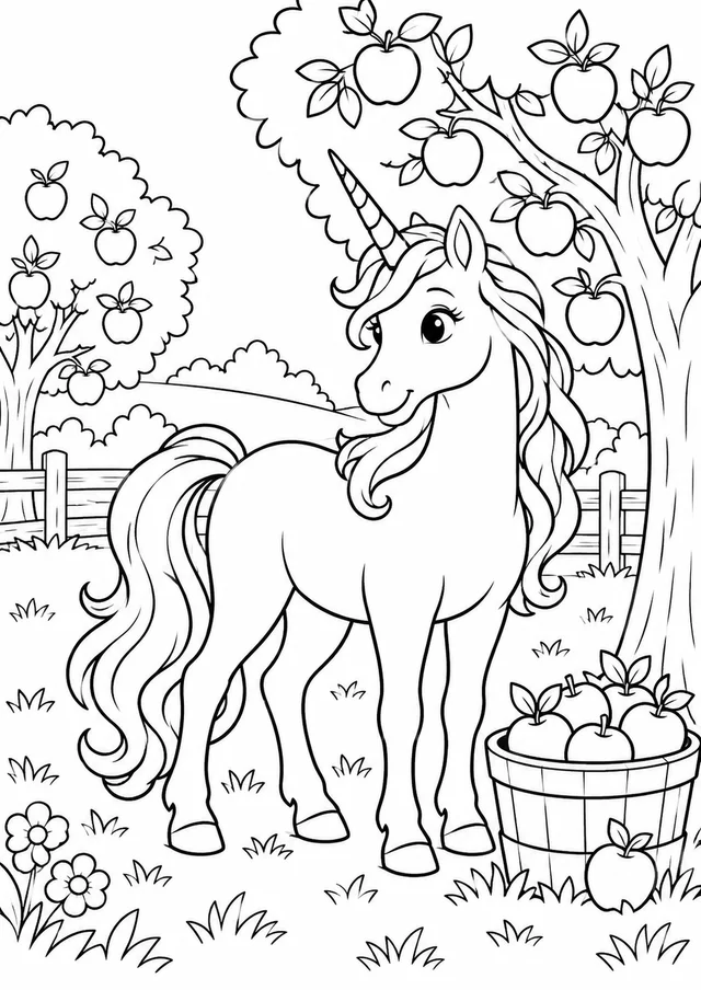 Unicórnio no pomar de maçãs para colorir