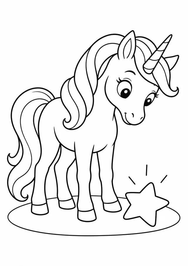 Unicórnio olhando uma estrela caída para colorir