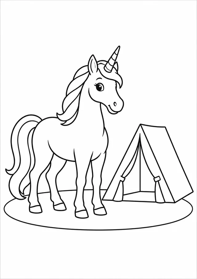 Unicórnio perto de uma tenda para colorir