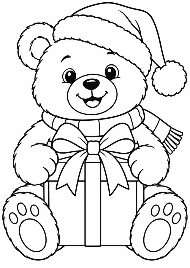 Ursinho com presente natalino para colorir
