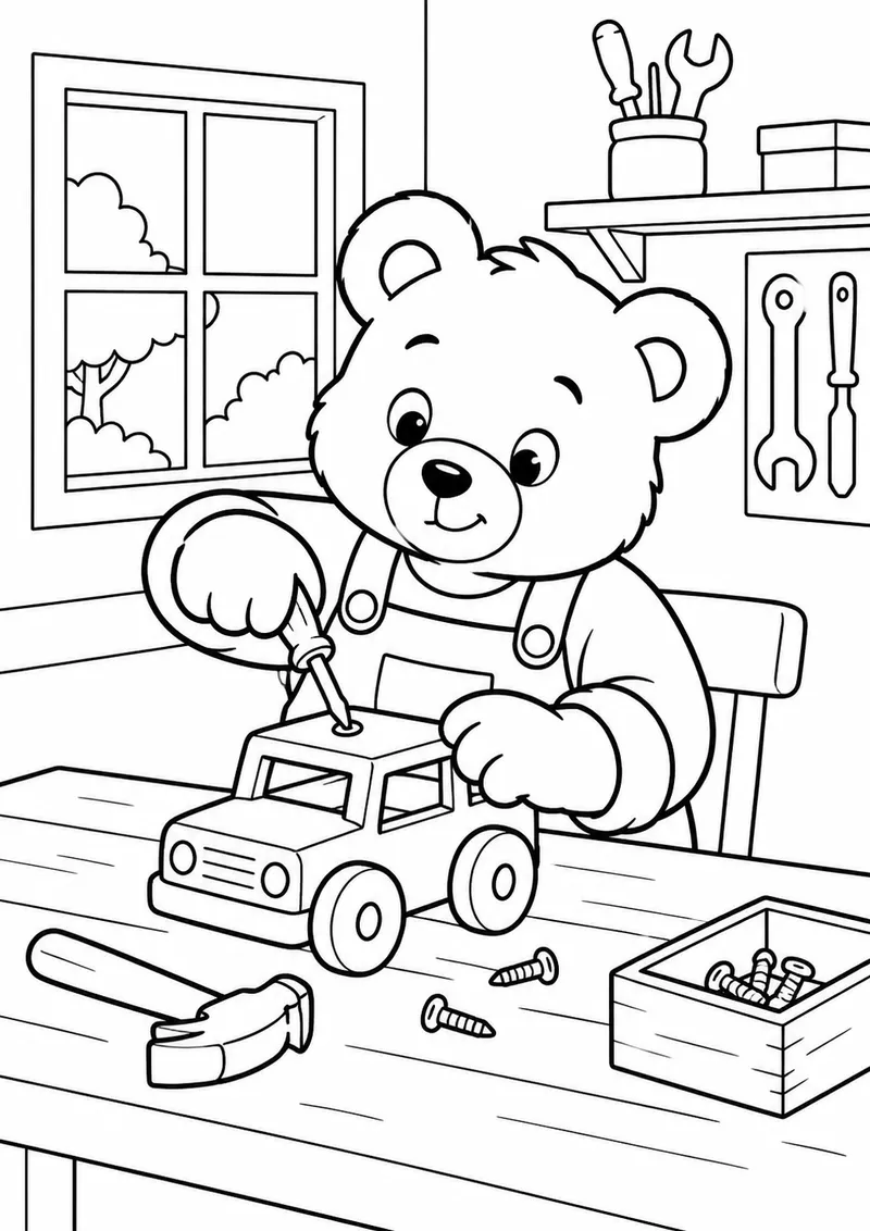 Ursinho consertando um carrinho de madeira para colorir