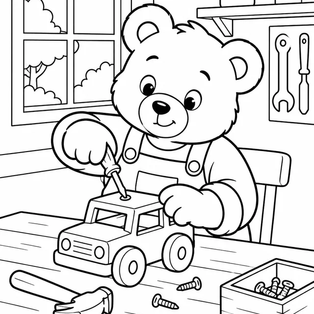 Ursinho consertando um carrinho de madeira para colorir