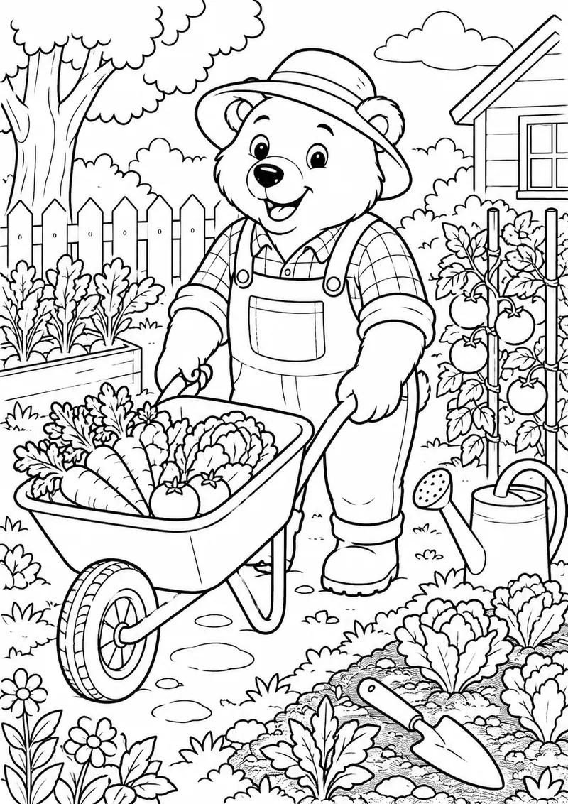 Ursinho cuidando da horta para colorir