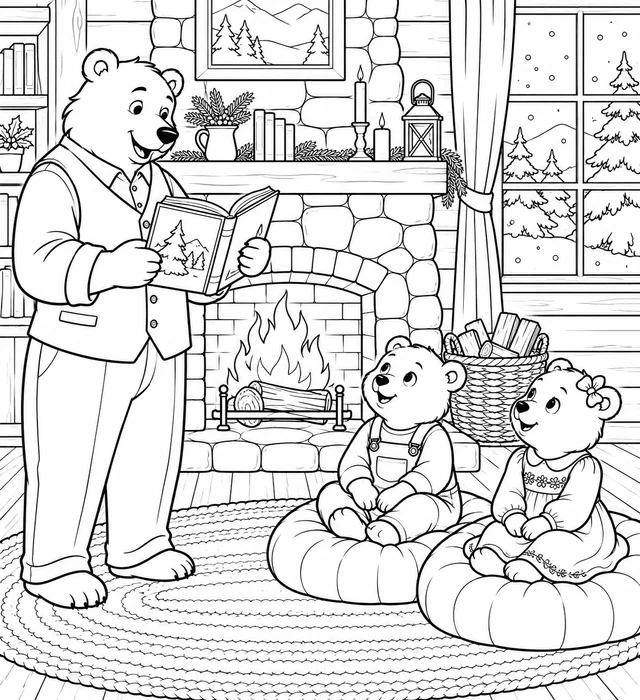 Ursinho junto à lareira com livro para colorir