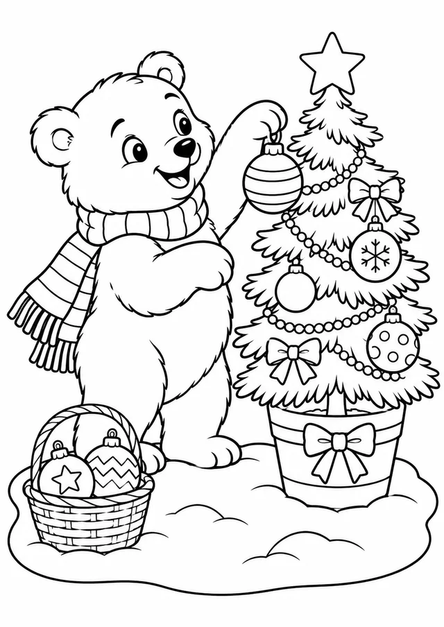 Ursinho polar enfeitando um pinheiro para colorir