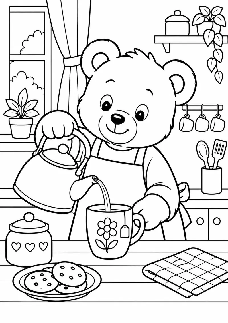 Ursinho preparando chá na cozinha para colorir