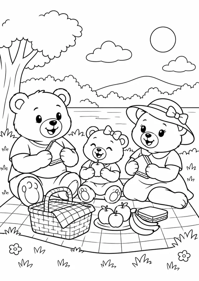 Ursinhos fazendo um piquenique para colorir