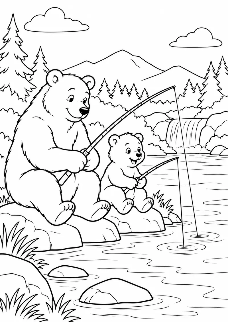Urso com filhote pescando junto ao rio para colorir