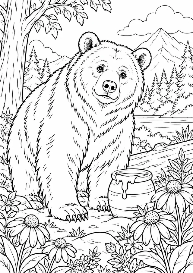 Urso com pote de mel para colorir