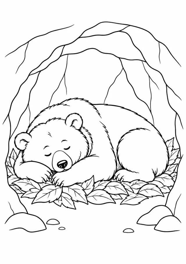 Urso dormindo numa caverna com folhas para colorir