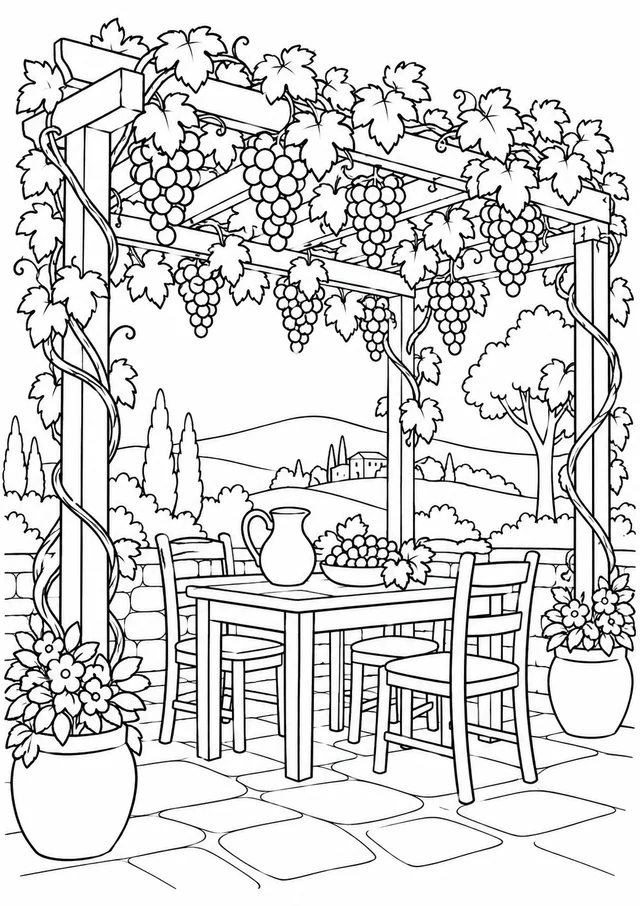 Uvas e parreira sobre uma pérgola para colorir