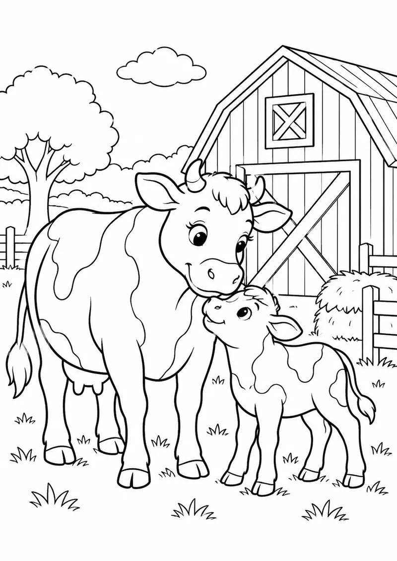 Vaca com bezerro perto do celeiro para colorir