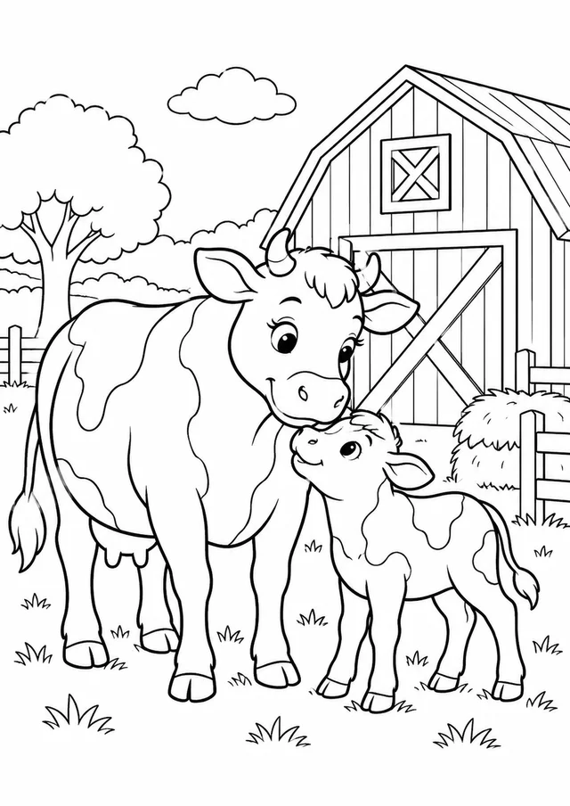 Vaca com bezerro perto do celeiro para colorir
