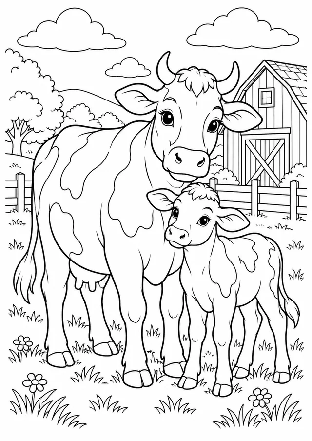 Vaca e bezerro no campo para colorir