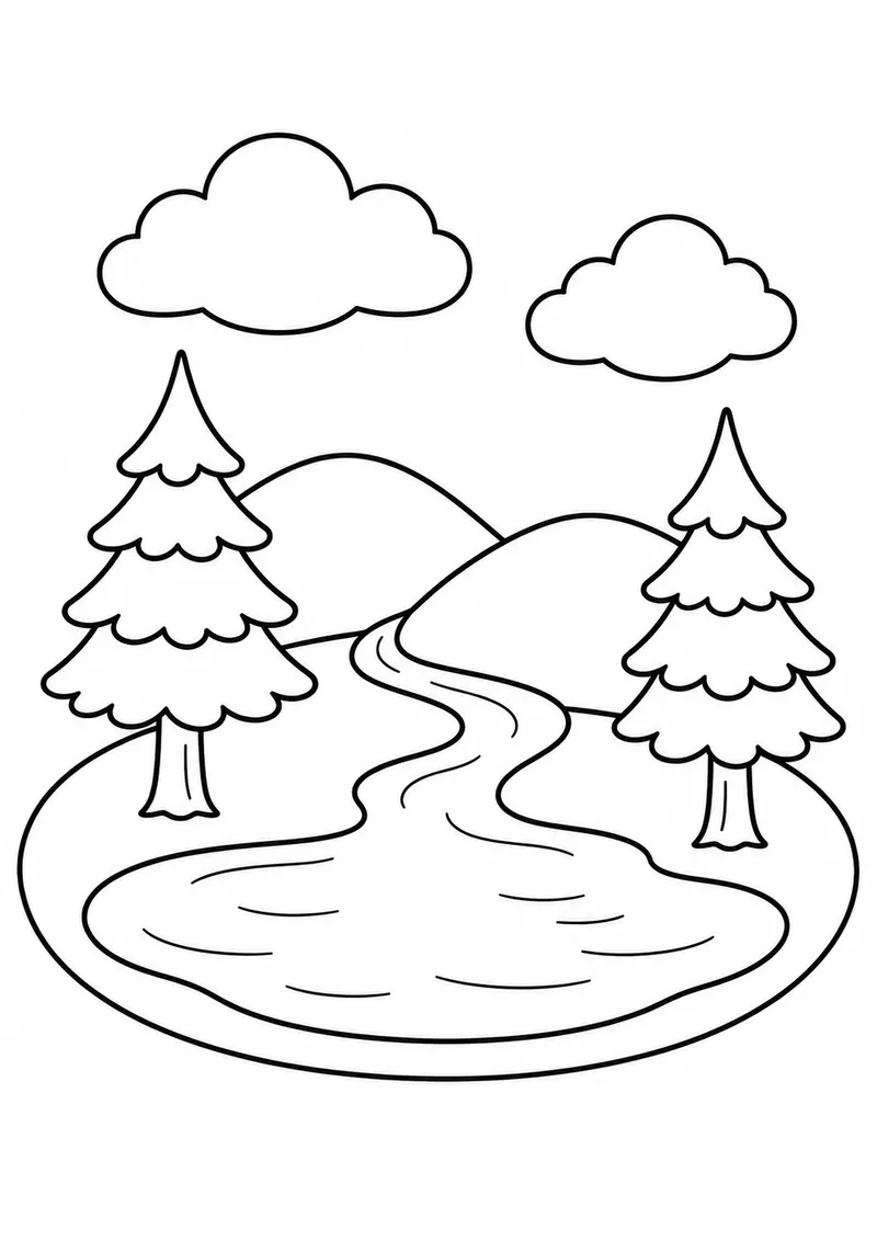 Vale com um rio e dois pinheiros para colorir