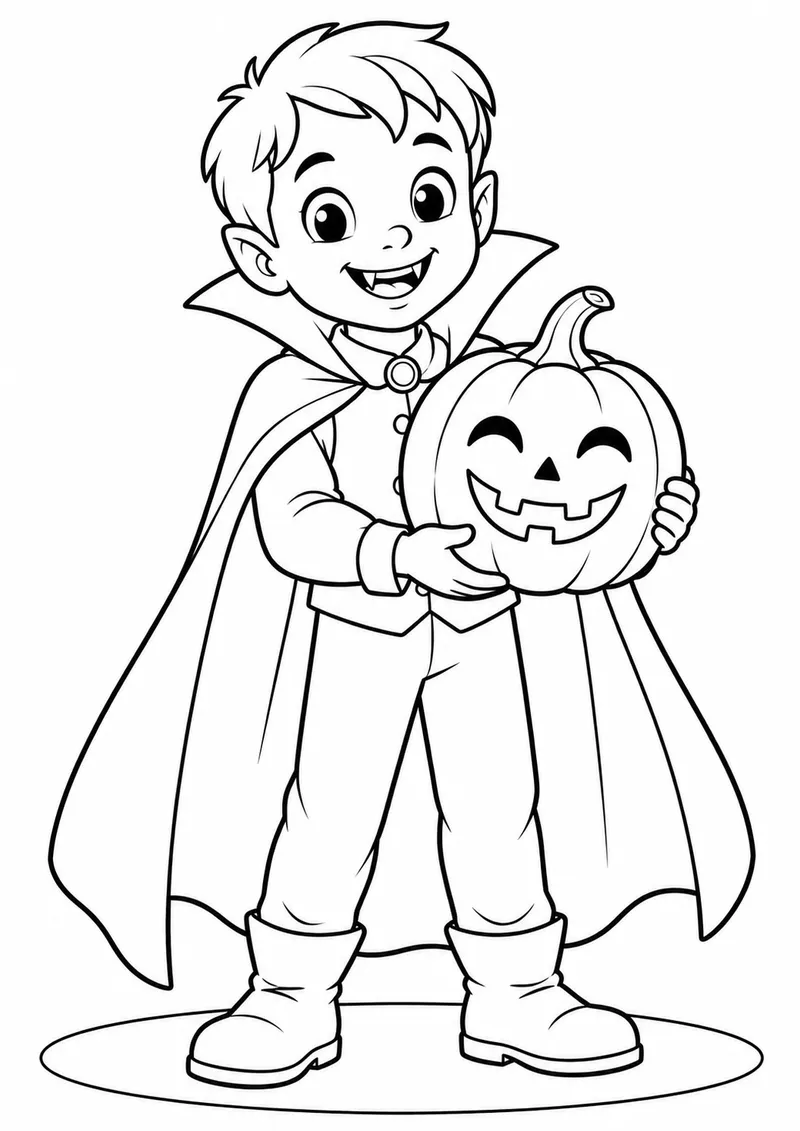 Vampirinho de capa com abóbora para colorir