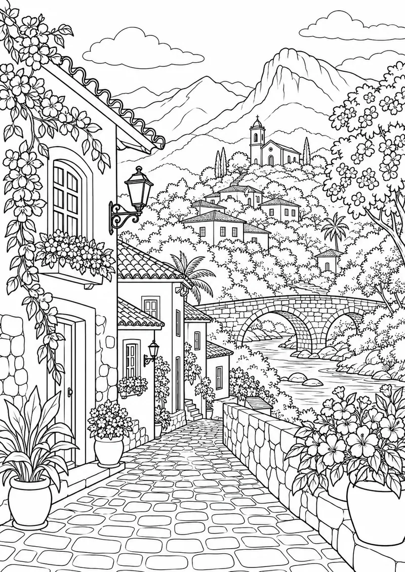 Vila na serra para colorir