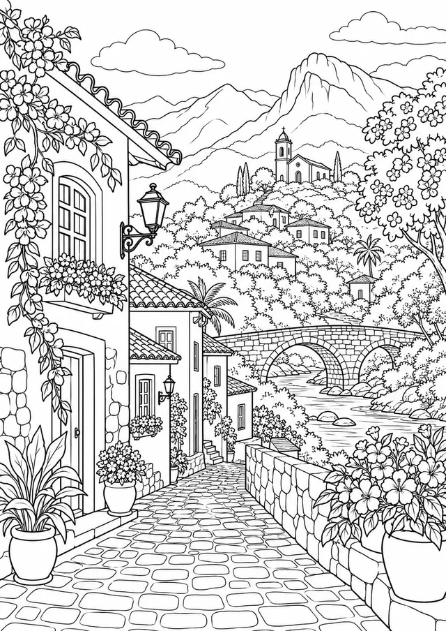 Vila na serra para colorir